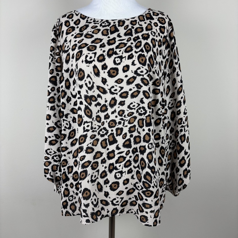 Dana Buchman Blouse Top Womens XL Brown Leopard Print 3/4 Tie Sleeve Relaxed Fit